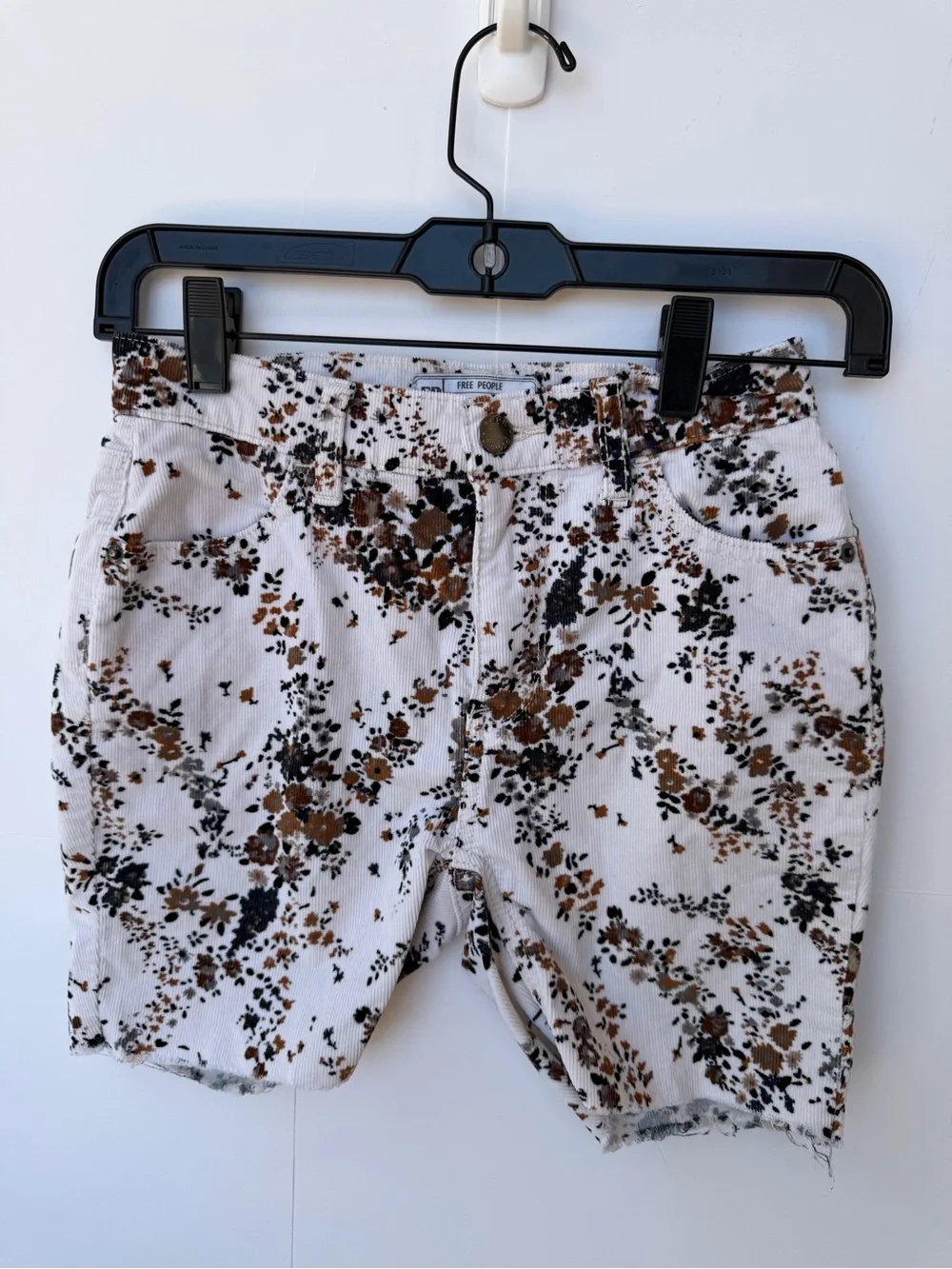 Free People White Floral Jean Shorts with Brown & Black Print